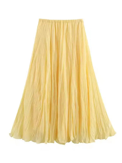 HH Women Elastic Waist Pleated Maxi Skirt Flowy A Line Pleated Long Skirt In Yellow White Pink For Spring Summer Beach Vacation