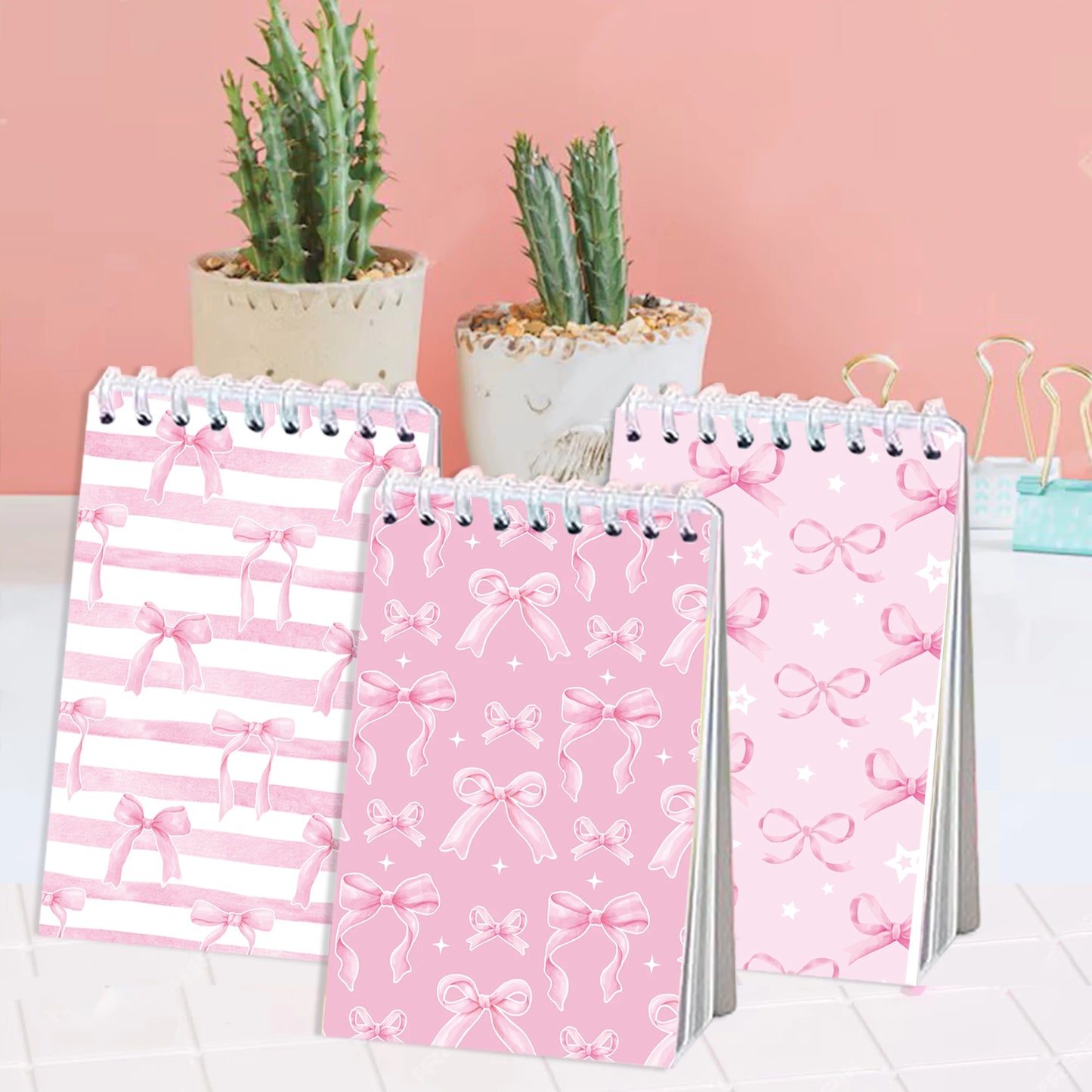 8pcs Pink Bowknot Theme Mini Spiral Pocket Notebooks Memo Pad Coil Booklet Notepads For Office Stationery School Diaries
