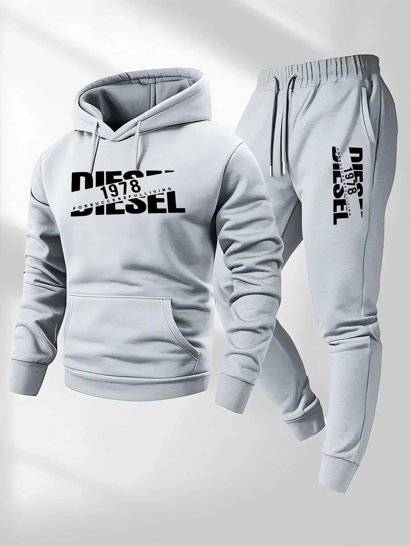 Men Fashion Print Tracksuit Hooded Sweatshirt+Sweatpants Set Autumn Winter Casual Fitness Jogging Sports Two-Piece Unisex Outfit