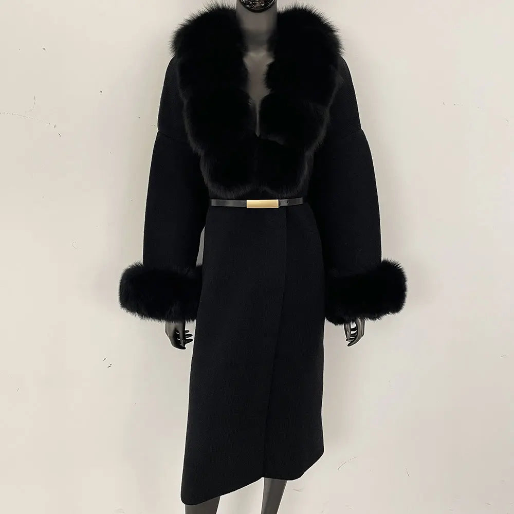 Long Knitwear Coat Women Warm Belt Real Fox Fur Jacket Female 2024 New Autumn Winter Kintted Natural Fur Coat Women