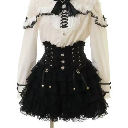 Japanese Sweet Lolita Style Mini Skirt Women Retro Elegant Lace Bandage Party Cake Skirts Female Gothic Y2k Metal Buckle Skirts