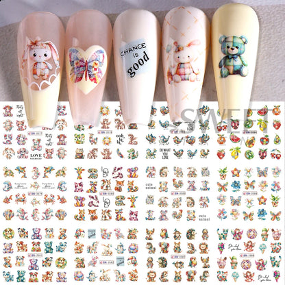 12 Design Ink Flowers Water Transfer Nail Stickers Decals Patchwork Animal Bear Nail Sliders for Women DIY Manicure Decorations