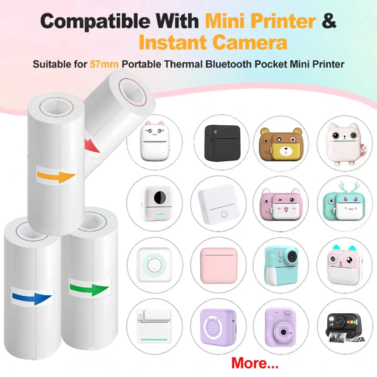 Thermal Printer Papers 57mm Color Papers for Camera Instant Print Kids Camera Printing Inkless Mini Portable Photo Printer