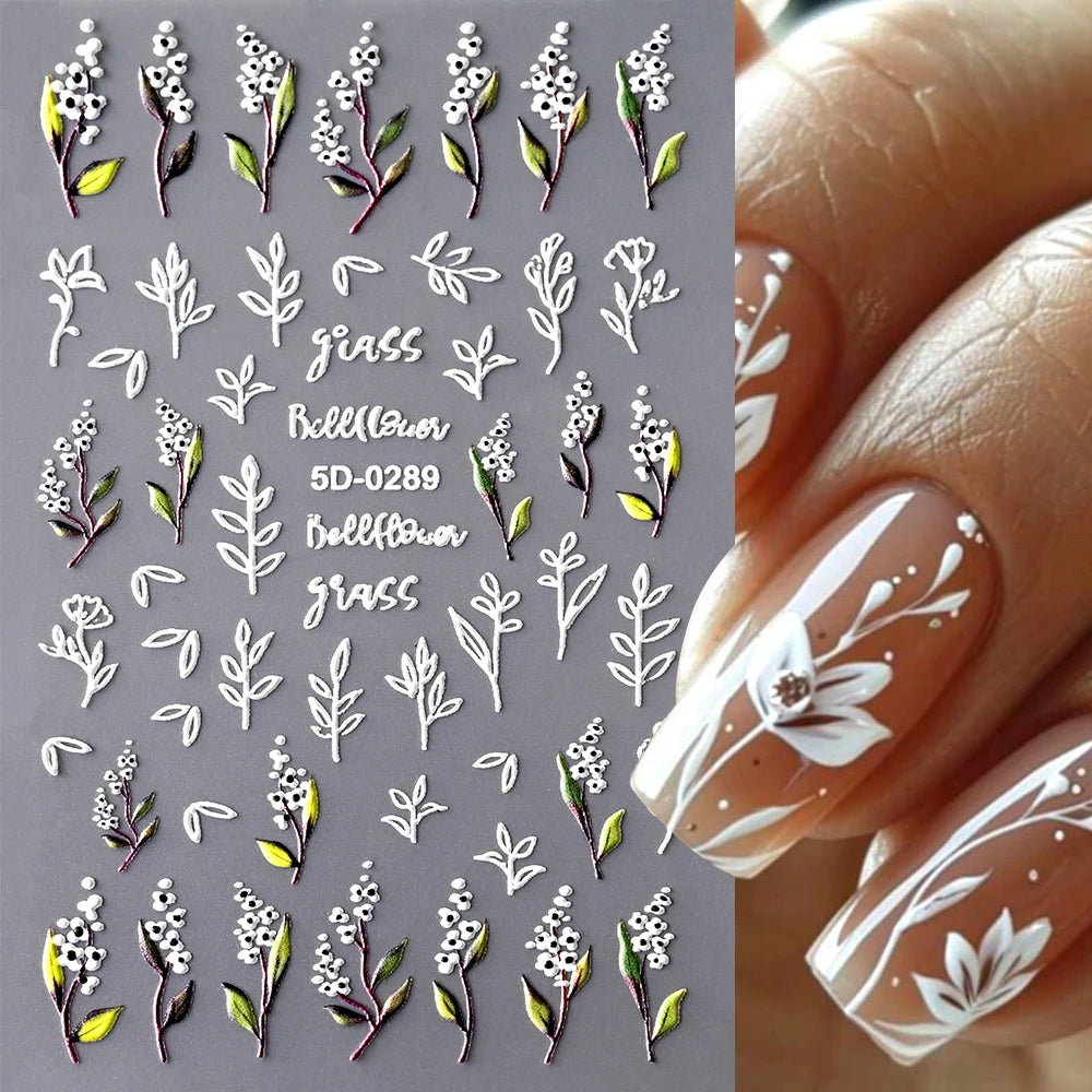 5D Hibiscus Flower Nail Embossed Sticker Acrylic Pink White Gold Petal Leaf Adhesive Decal Butterfly Dragon Floral Elegant Decor