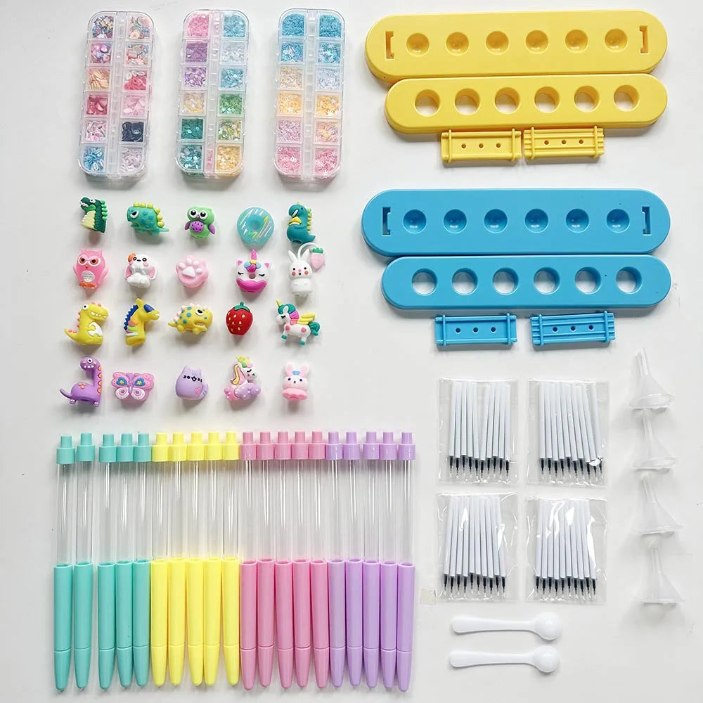 DIY Glitter Pen Making Kit Kids Craft Supplies 80+ Pieces Handmade Art Set Make 16 Pens Cartoon Decor Birthday Gift for Girls Bo