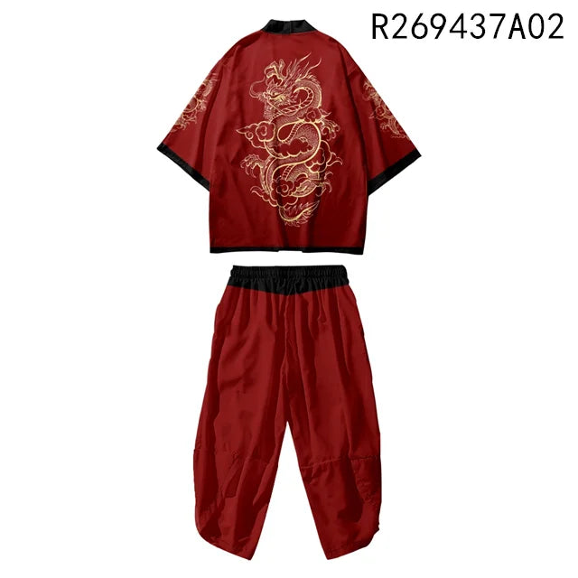 Large Size 5XL 6XL Japanese Kimono Cardigan Pants Set Print Fox Men Women Shirt Tradition Yukata Haori Obi Cosplay Costume