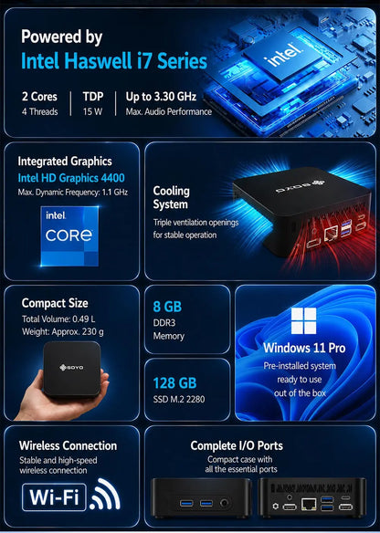 SOYO Mini PC Y5 PLUS Intel I7 4th Gen 4600U 8GB RAM 128GB ROM Windows 11 Pro WiFi BT4.2 Desktop Computer
