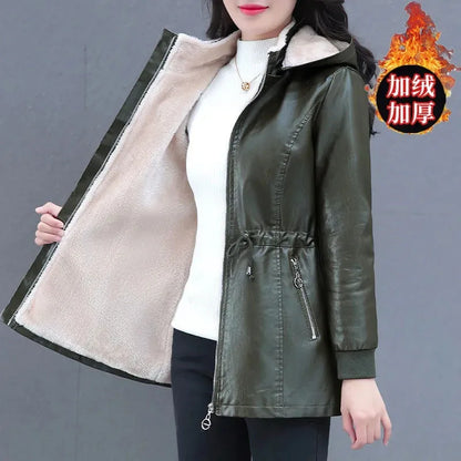 Winter Coat New Fashion Soft Leather Clothes Women's Long Sheep Leather Jacket Plus Velvet Padded Warm Coat