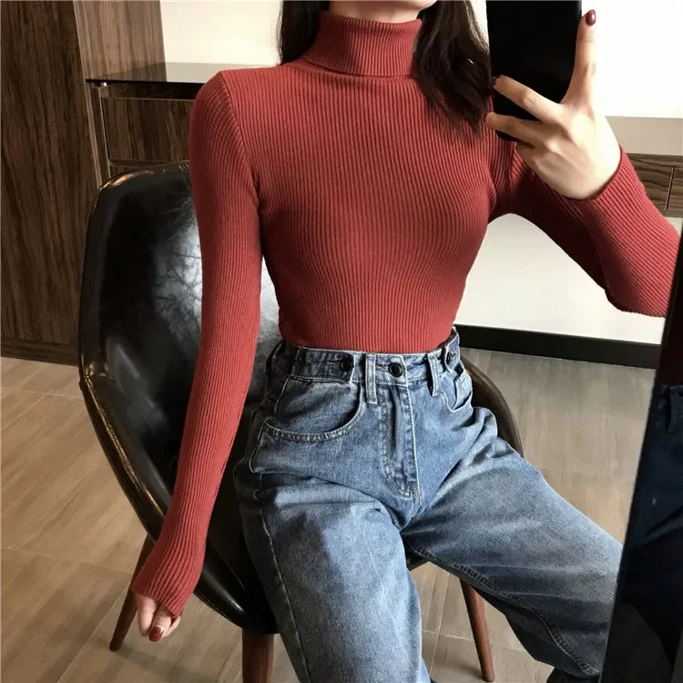 2026 Autumn Winter Sweater Women Knitted Ribbed Pullover Sweater Long Sleeve Turtleneck Slim Jumper Soft Warm Pull Femme