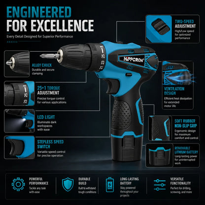 Hippcron 12V Lithium Electric Drill Tapping Cordless Impact Tool Ratchet Set Multifunction Screwdriver Household with 3/8" Chuck