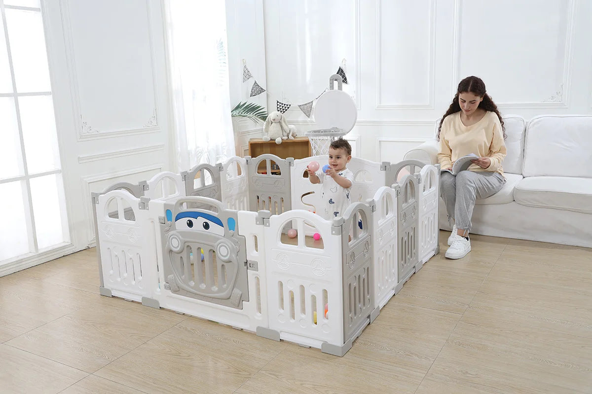 UBRAVOO Foldable Baby Playpen with Basketball Hoop & 50Pcs Coloured Pit Balls,  Toddler and Baby Play pen  fence, 14-Panel