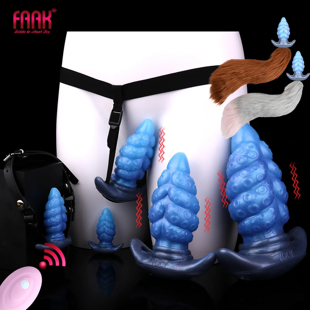 FAAK Silicone Wearable Anal Plug with Large Tail size S M L XL XXL Wireless Control Strapon Vibrator BDSM Flirting Sex Toys