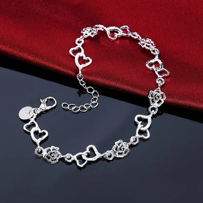 Beautiful 925 Sterling Silver Bracelet for Women Bracelet HEART Lovely Flower Chain Fashion Wedding Party Cute Lady Nice Jewelry