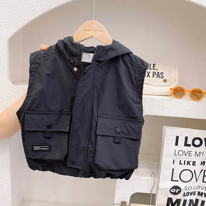 Children's Zipper Vest Spring Autumn Korean New Big Pocket Vestcost Boys Versatile Windproof Hooded Sleeveless Inner Lining Coat