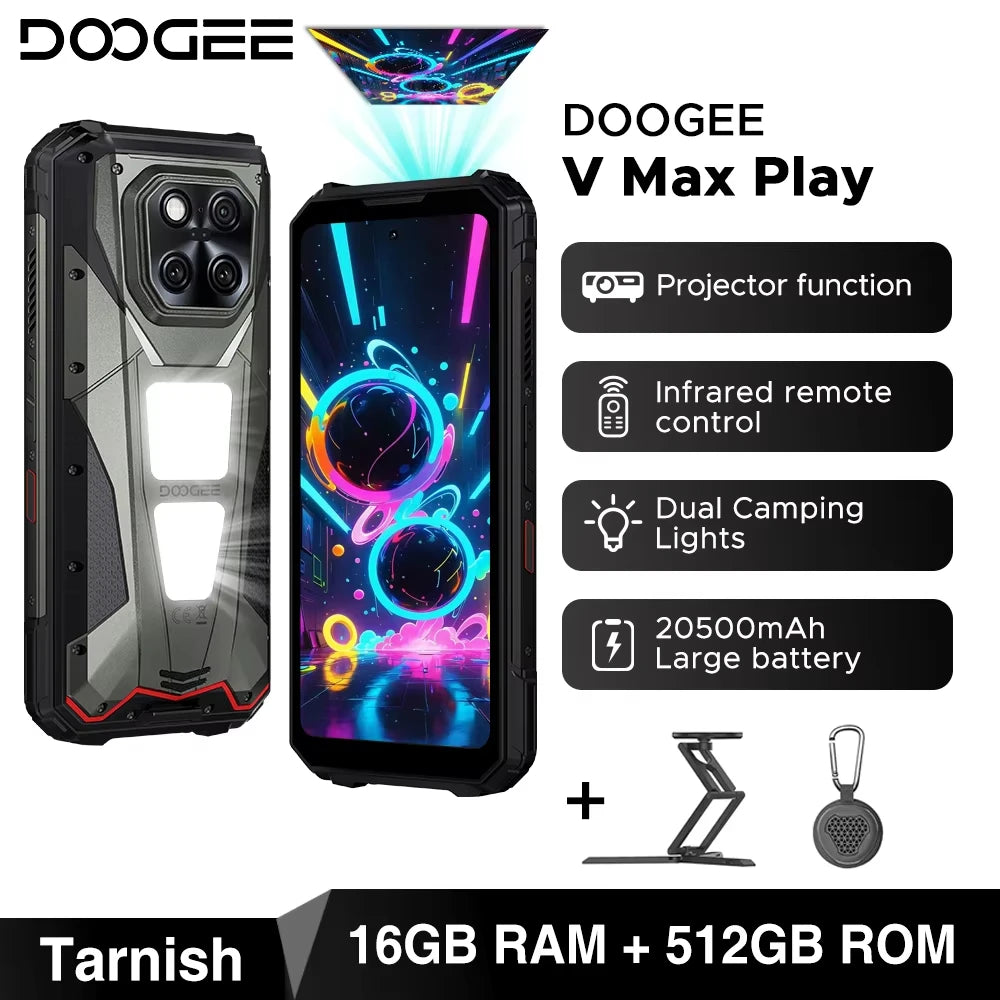 DOOGEE V Max Play 5G Projector Rugged Phone 6.78" Display 20500mAh Battery Dual Camping lights Dimensity 7300 NFC Smartphone
