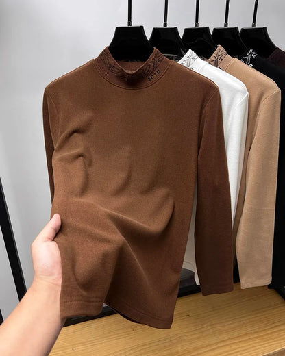 High quality men's semi high neck velvet sweater long sleeved warm T-shirt autumn winter fashionable embroidery casual pullover