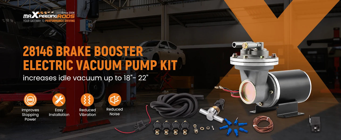 Electrical Vacuum Pump Kit  18" to 22" for Power Brake Booster with  relay vacuum pressure switch/ hose mounting hardware kit.