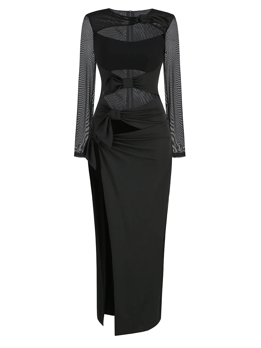 Sexy Hollow Out High Side Split See Through Mesh Long Sleeve Maxi Dress Luxury Brithday Prom Gown Party Club Fashion Dresses