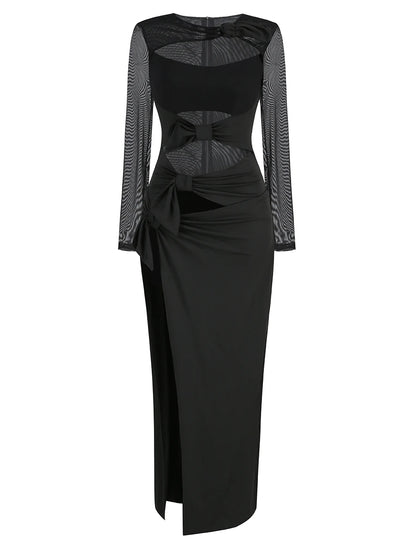Sexy Hollow Out High Side Split See Through Mesh Long Sleeve Maxi Dress Luxury Brithday Prom Gown Party Club Fashion Dresses