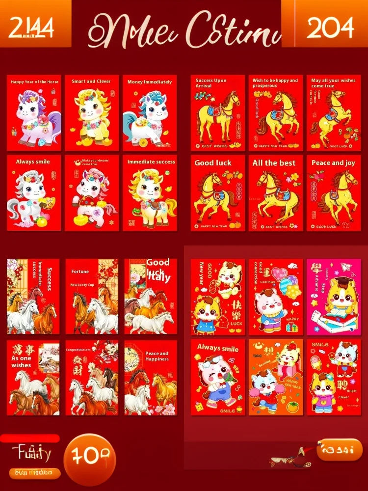 6Pcs 2026 Year Horse Zodiac Red Cash Envelopes, Chinese New Year Red Packets, Lucky Money Gift Bag