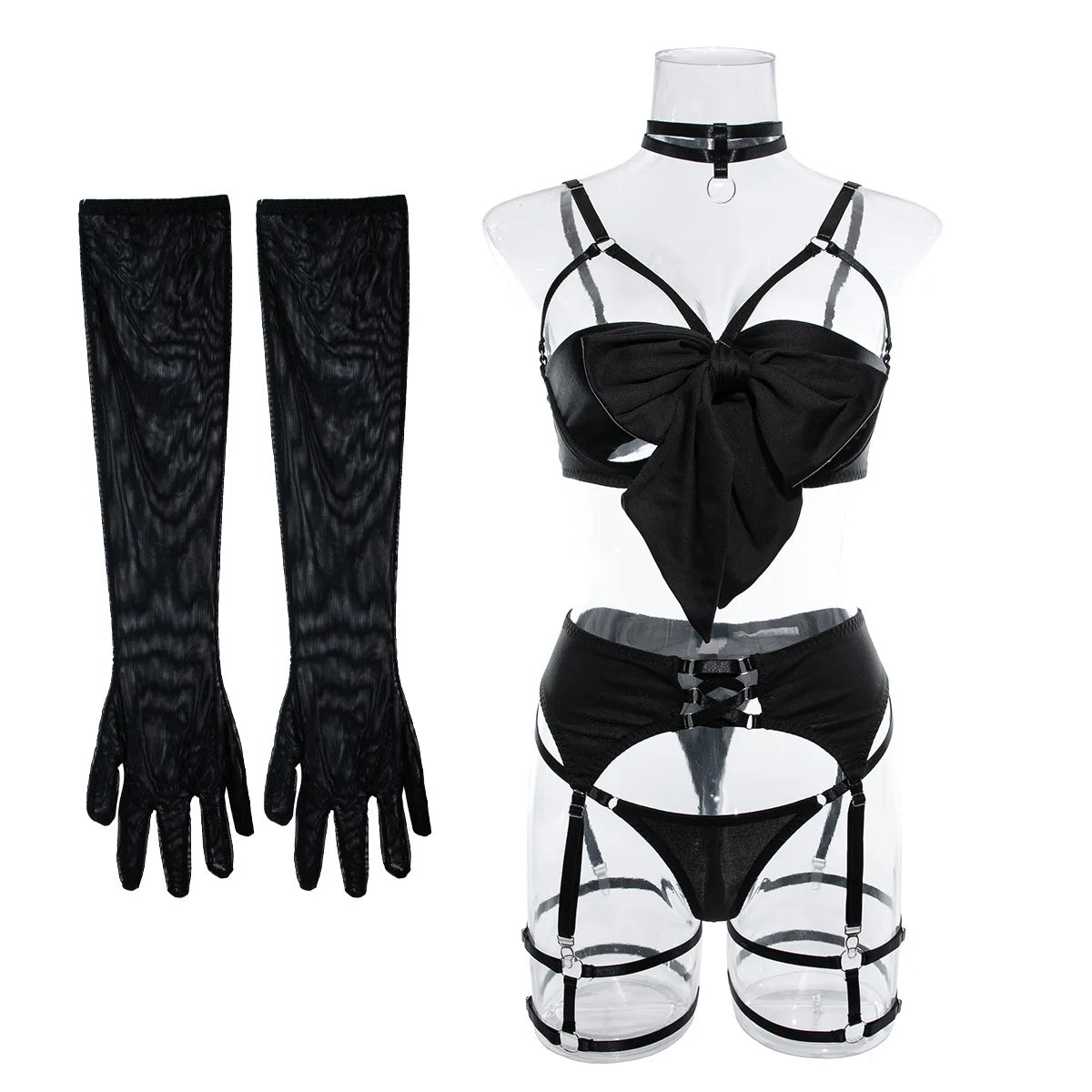 sexy lingerie set Bow bra Black Temptation Bra Set Belt Hollowed Out Gathering Four Piece underwear women Set Erotic Sleepwear
