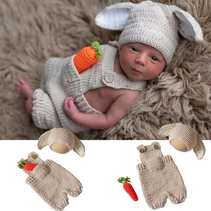 Cute Bunny Costume Newborn Photography Outfits Soft Knitted Rabbit Shape Hat and Jumpsuits with Carrot Clothes Baby Photo Props