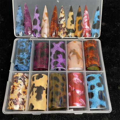 10 Patterns New Metal Nail Foils for Transfer Paper Stickers Floral Chameleon Nails Wraps DIY Water Marble Nail Art Decorations