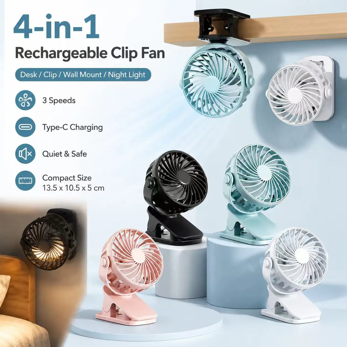 Rechargeable Fan 720° Rotating Hanging Clip Fan with Nightlight for Easy Portability Office Bedroom Dormitory Outdoor Small Fan