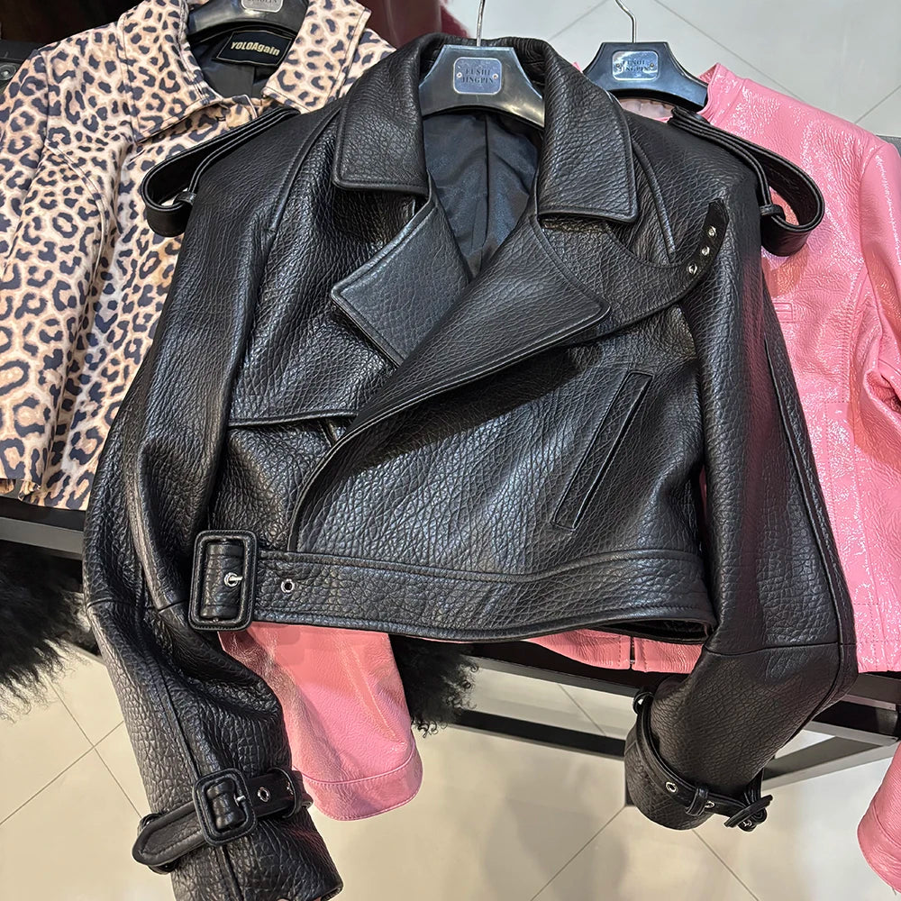 YOLOAgain Wide Shoulder Real Leather Jacket Women Oversized Genuine Leather Cropped Jacket