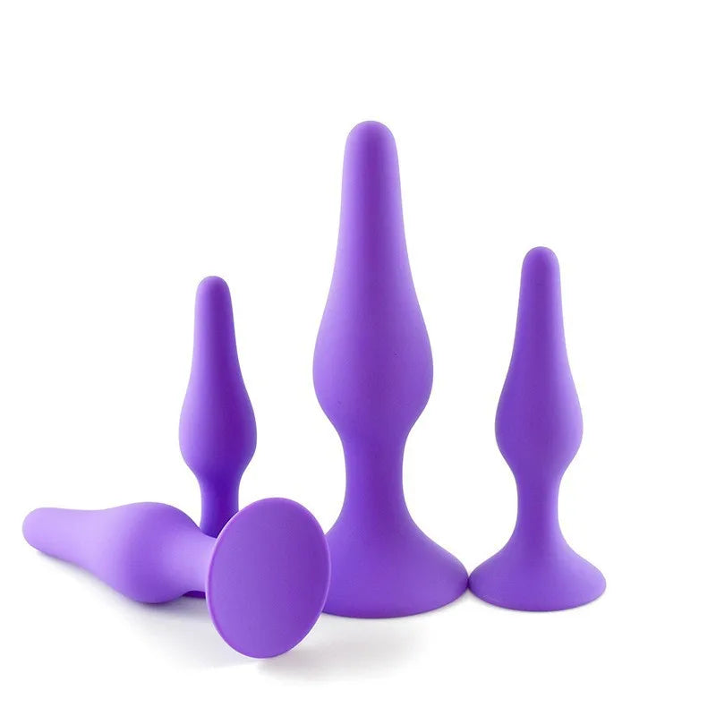 Silicone Pleasure Anal Plug 4-Piece Set - Anal Stimulation Beads, Hands-Free Suction Cup Anal Plug, Adult Erotic Sex Toy