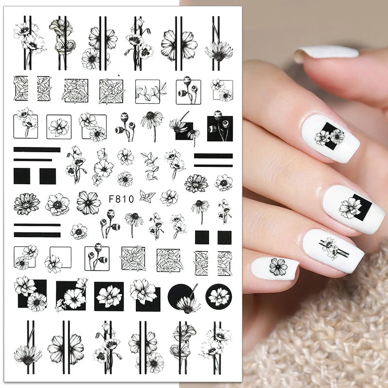 Black and White Love Flowers Line Art 3D Stickers Nail Decals Nail Art Accessories Butterfly Rose Nail Stickers Nail Sliders