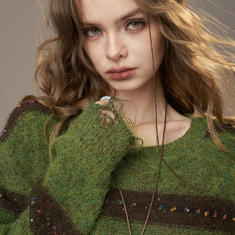 ELFSACK 2025 Autumn New Arrivals Cute Casual Knit Color Accent V Neck Loose Cardigan Sweater For Woman
