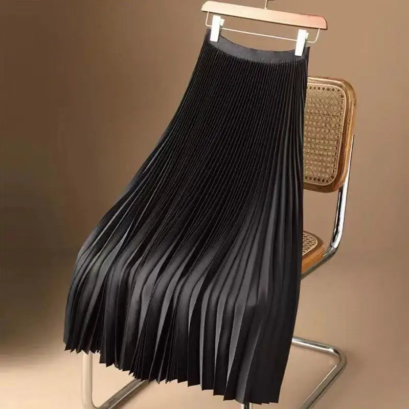 Women Summer Solid Pleated Satin Long Skirt Korean New Fashion Ladies Work Casual Elastic High Waist A Line Party Loose Skirts