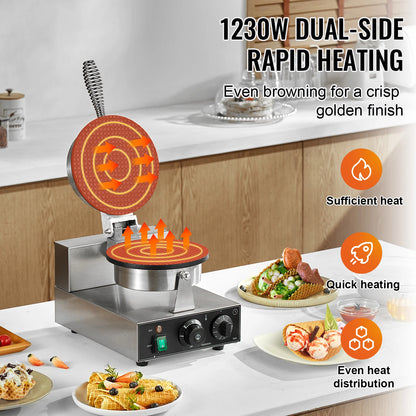 SucceBuy Electric Ice Cream Cone Maker Commercial Non-Stick Stainless Steel Egg Roll Mold with Temperature and Time Control