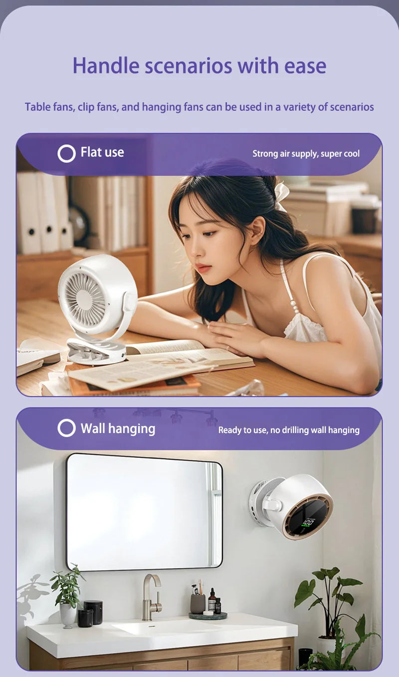 Mini Digital Display Fan Desktop Remote Control 720°Rotation Type-C Rechargeable Electric Fans Portable Wall Hanging With Clip