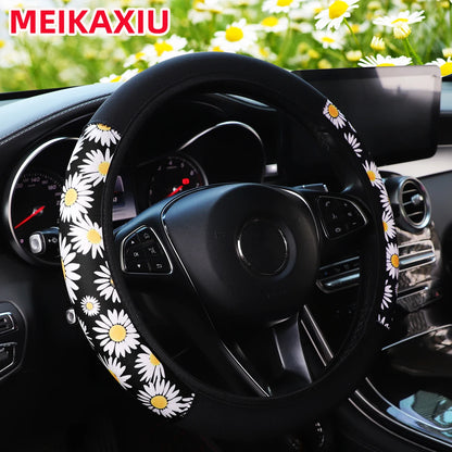 Women's 38CM Steering Wheel Cover Cherry Blossom  Chrysanthemum Check Spider Web Design Printed Car Accessory without Inner Ring