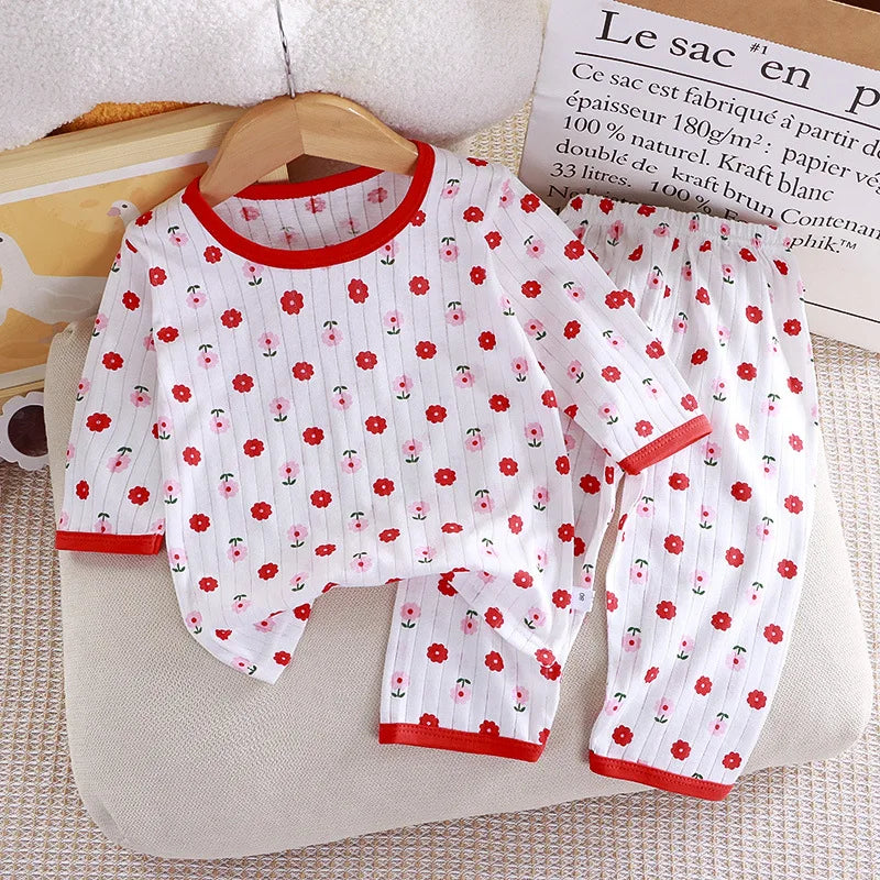 1Set Summer Pour Cotton Boy Girl Outfit Baby Infant T-shirt+Pant Set Kid Cartoon Clothe Set Children Solid Air Conditioning Suit