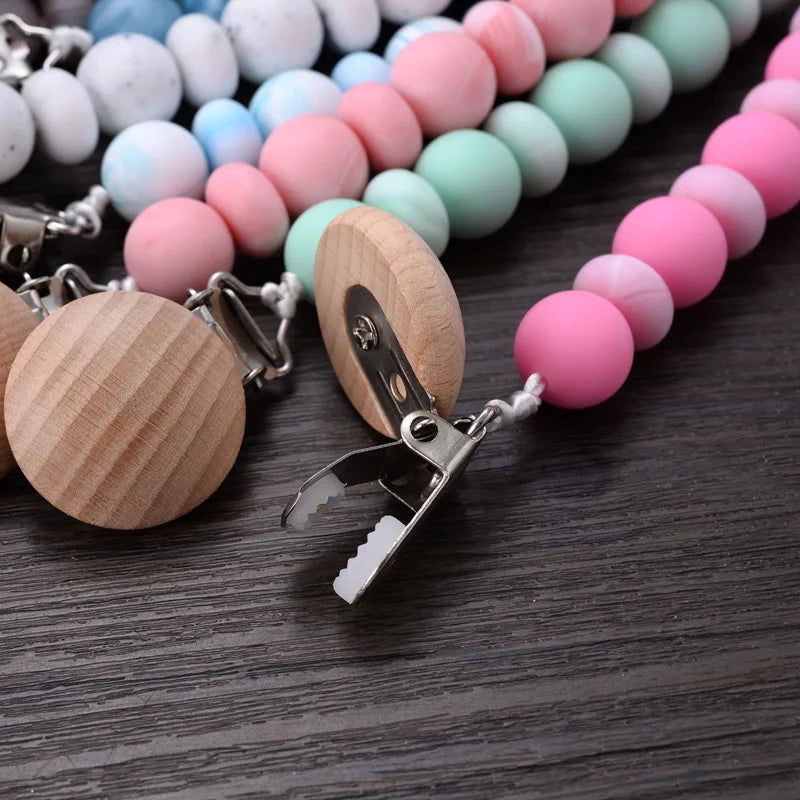 BPA-Free Silicone Pacifier Clips Chain with Beads Dummy Clip Holder Soother Teething Toy Chew Gift for Babies