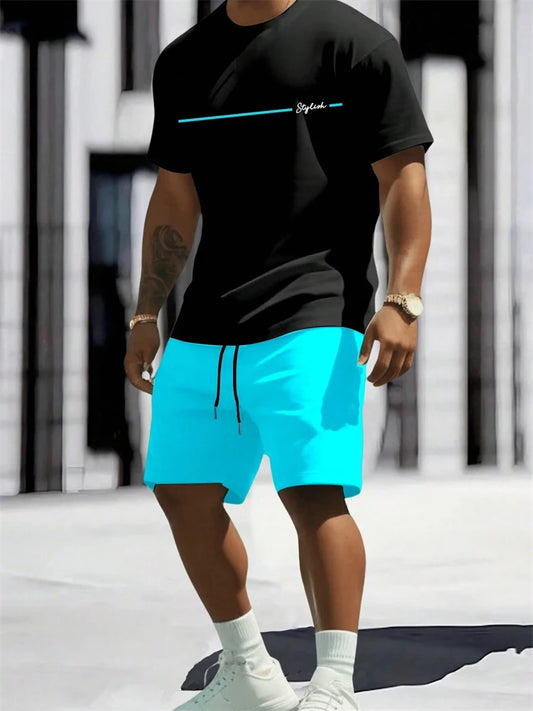 2025 New Men's Summer Round Neck Short Sleeve Suit Outdoor Sports Breathable Comfortable Shorts Suit Letter Print Casual Suit