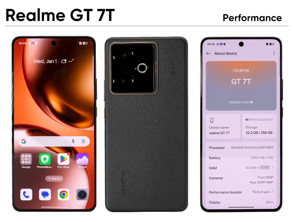 realme GT 7T Smartphone 5G MediaTek 8400-MAX 7000mAh Titan Battery 120W Ultra Charge 6.8'' 120Hz Display EU Version NFC
