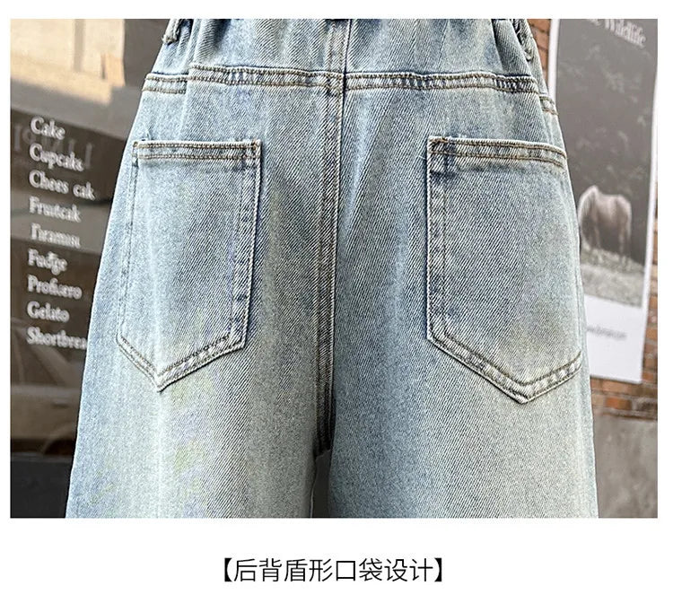 New 4-14 Years Spring Autumn Teenage Girls Jeans Full Print Bow Embroidery Fashion Wide-leg Denim Pants For Kids