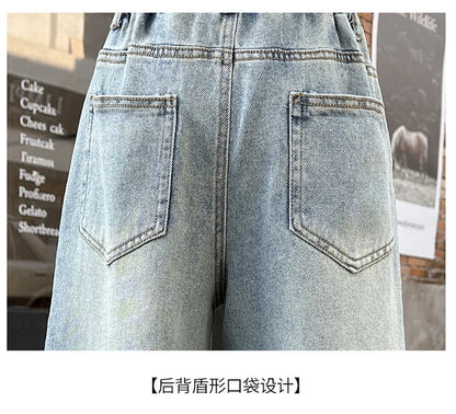 New 4-14 Years Spring Autumn Teenage Girls Jeans Full Print Bow Embroidery Fashion Wide-leg Denim Pants For Kids