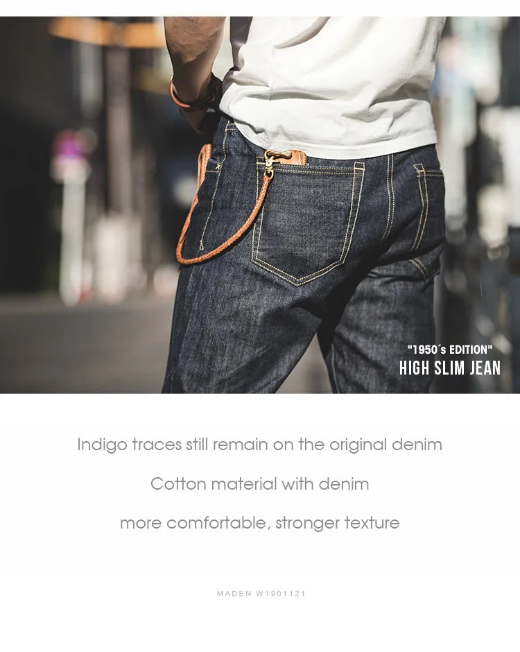 Maden Vintage 14oz Selvedge Raw Denim Jeans Horsehair Leather Patch Straight Fit Jeans Men's Spring and fall Paris Buckle Pants