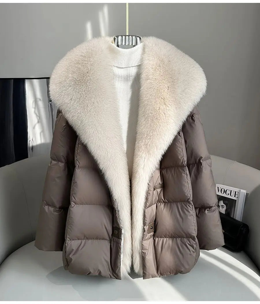 High end Faux Fox fur detachable Large Lapel fur Down Jacket For women 2025 Winter New Medium long Loose White goose Down Coats
