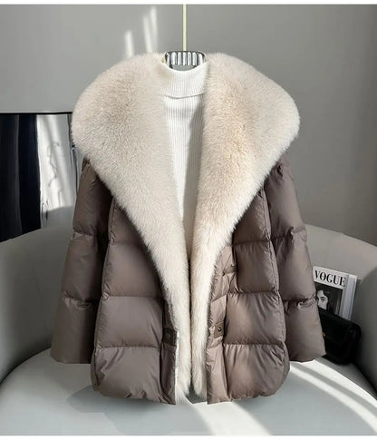High end Faux Fox fur detachable Large Lapel fur Down Jacket For women 2025 Winter New Medium long Loose White goose Down Coats