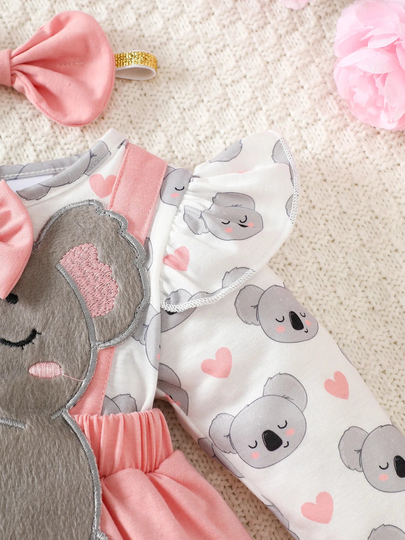 3D Koala Cute One-Piece Tulle Dress + Bow Headband, Pink and Gray, Fresh and Adorable, Perfect for Cute Photos, Princess Outfit