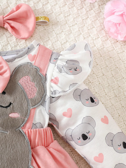 3D Koala Cute One-Piece Tulle Dress + Bow Headband, Pink and Gray, Fresh and Adorable, Perfect for Cute Photos, Princess Outfit