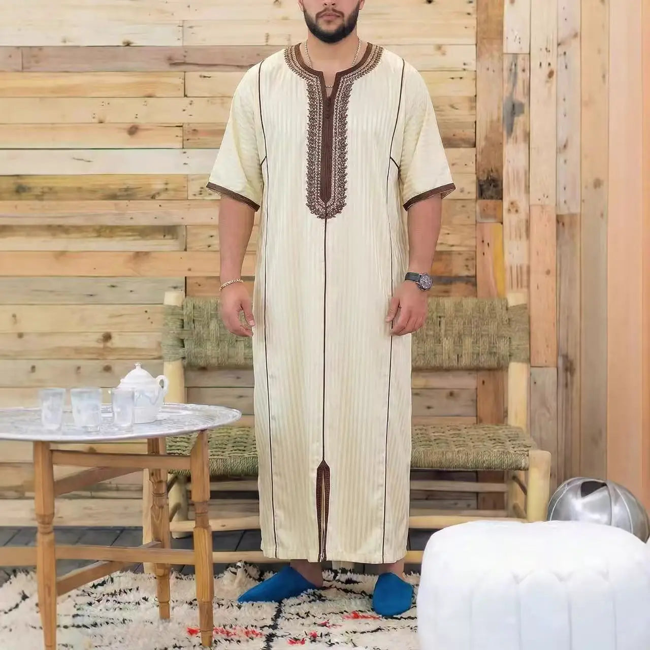Muslim Men's Morocco Gandoura Thobe Loose Short Sleeves Gorgeous Embroidery Comfortable Islamic Men's Traditional Clothing Party