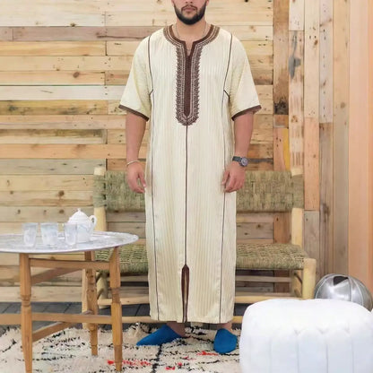 Muslim Men's Morocco Gandoura Thobe Loose Short Sleeves Gorgeous Embroidery Comfortable Islamic Men's Traditional Clothing Party