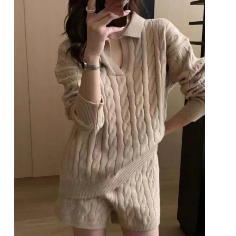 Autumn Winter Pullover Loose Women Sweater Knitted Shorts 2 Two Piece Sets Office Fashion Outfits Lapel Casual Long Sleeve Tops